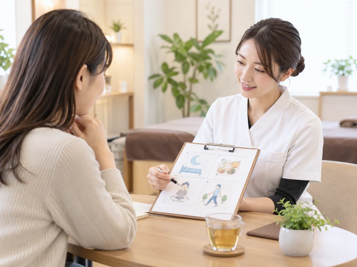 施術後に生活上のポイントを説明する様子